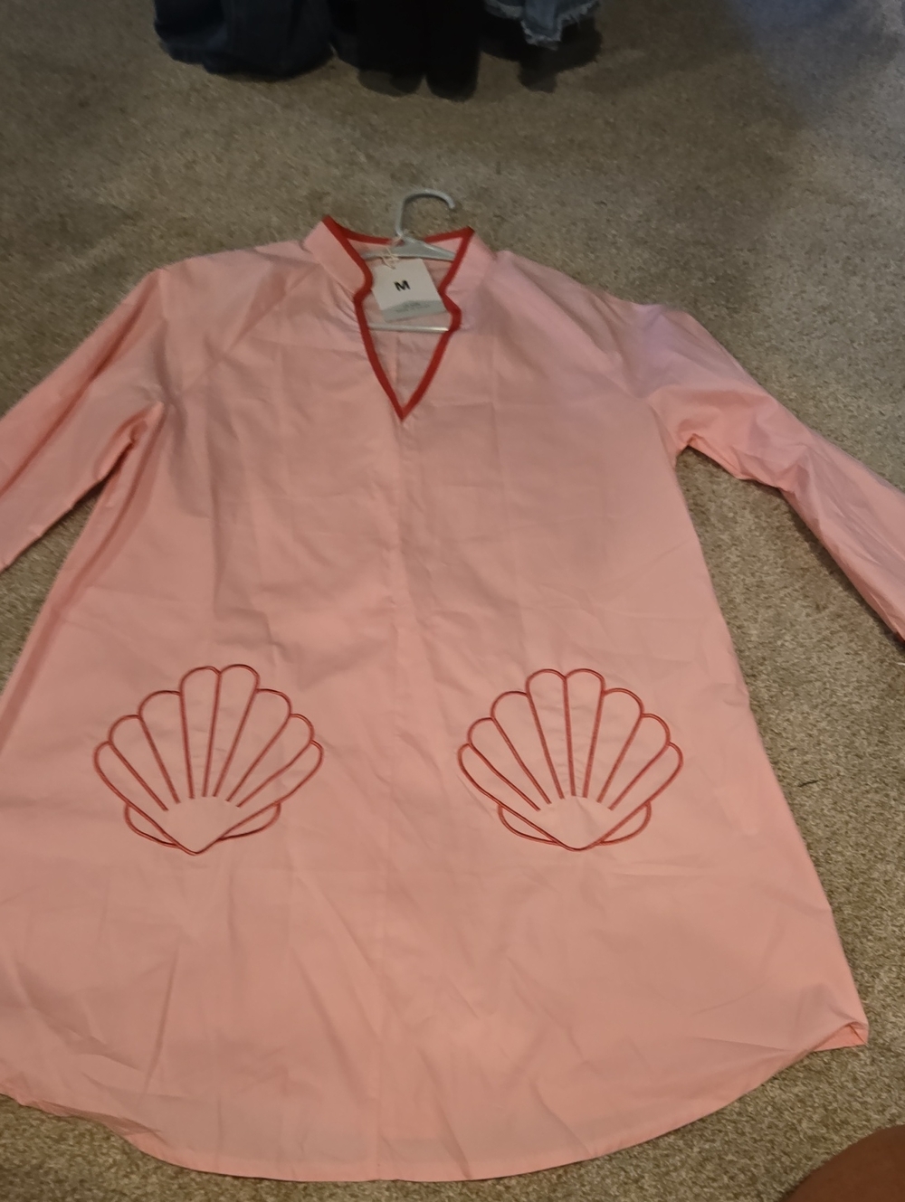 Pink Shell Appliqué Slip On Dress with Red Trim